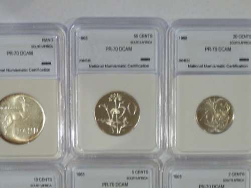 1968 SOUTH AFRICAN PR 70 DCAM COIN SET INCLUDES R1, 50C,20C,10C,5C,2C,1C BID PER SET