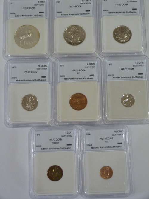 1972 SOUTH AFRICAN PR 70 DCAM COIN SET INCLUDES R1, 50C,20C,10C,5C,2C,1C,1/2C BID PER SET