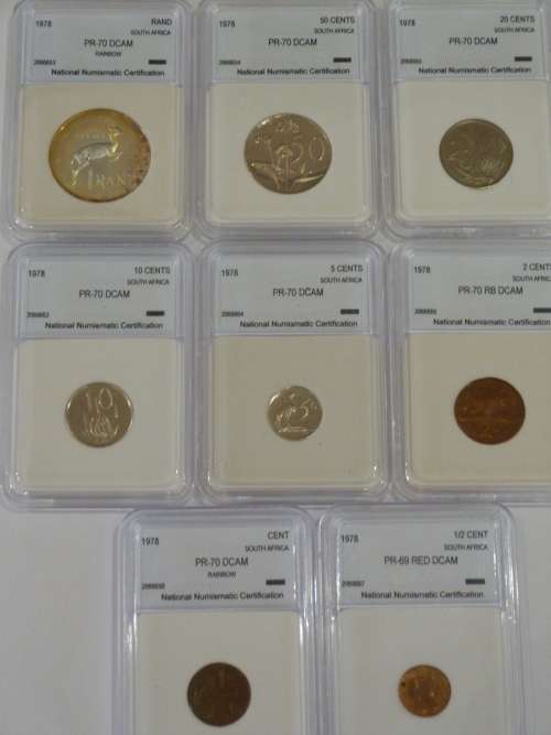 1978 SOUTH AFRICAN PR 70 DCAM COIN SET INCLUDES R1, 50C,20C,10C,5C,2C,1C,1/2C BID PER SET