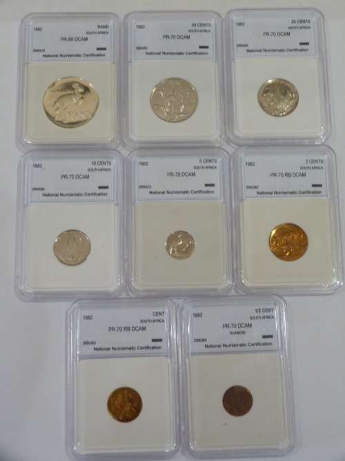 1982 SOUTH AFRICAN PR 70 DCAM COIN SET INCLUDES R1, 50C,20C,10C,5C,2C,1C,1/2C BID PER SET