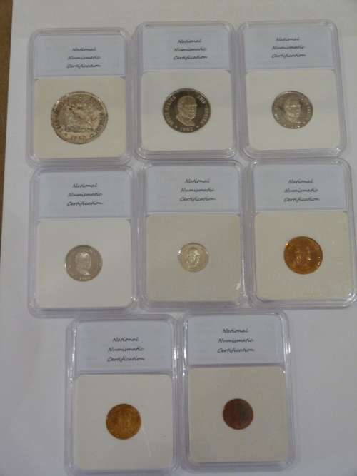 1982 SOUTH AFRICAN PR 70 DCAM COIN SET INCLUDES R1, 50C,20C,10C,5C,2C,1C,1/2C BID PER SET