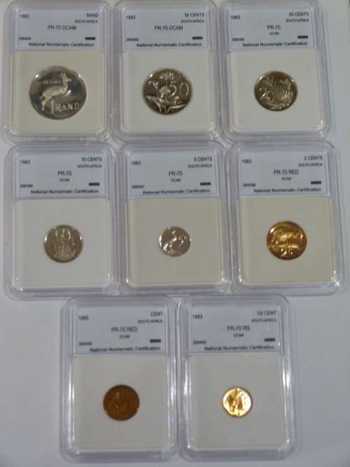 1983 SOUTH AFRICAN PR 70 DCAM COIN SET INCLUDES R1, 50C,20C,10C,5C,2C,1C,1/2C BID PER SET