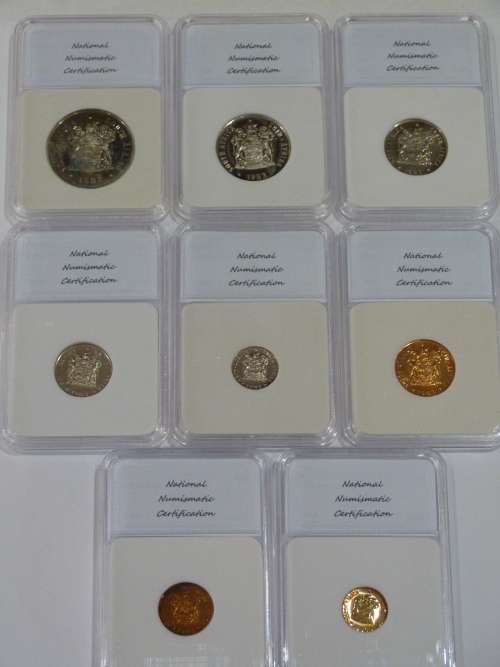 1983 SOUTH AFRICAN PR 70 DCAM COIN SET INCLUDES R1, 50C,20C,10C,5C,2C,1C,1/2C BID PER SET