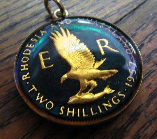 Gilded Gold & Green Enameled 1957 Rhodesia & Nyasaland Florin pendant