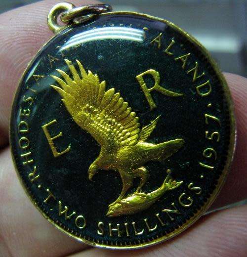 Gilded Gold & Green Enameled 1957 Rhodesia & Nyasaland Florin pendant
