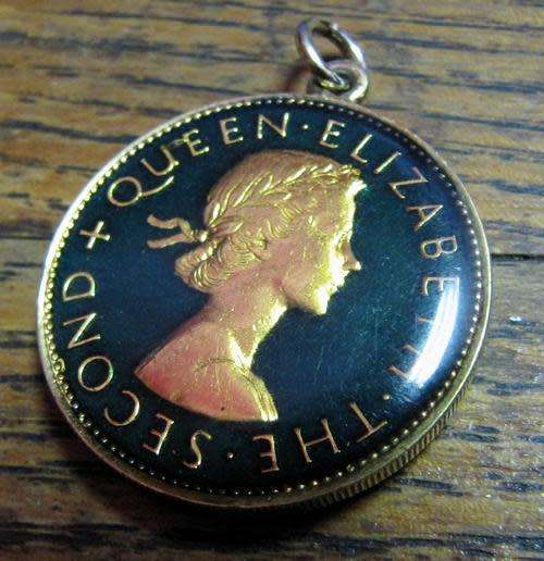 Gilded Gold & Green Enameled 1957 Rhodesia & Nyasaland Florin pendant