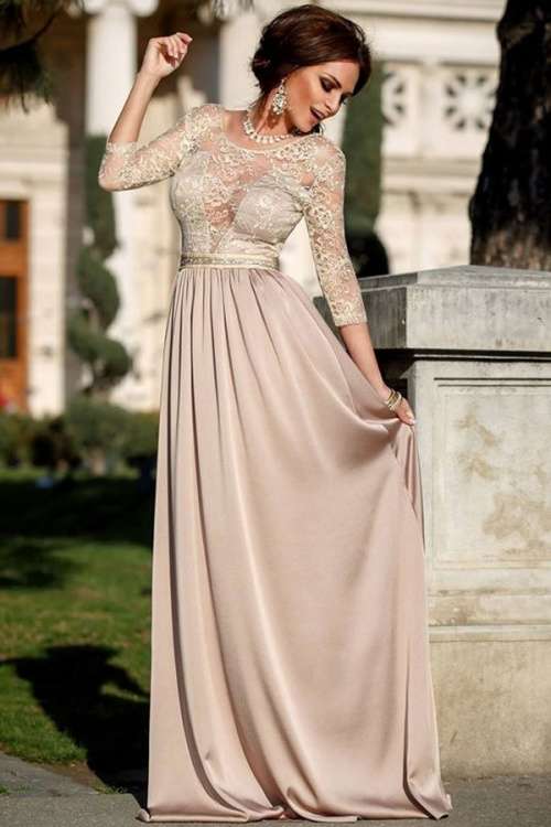 *DIVA RANGE* BEIGE Sleeved Lace Long Bridesmaid / Evening Dress