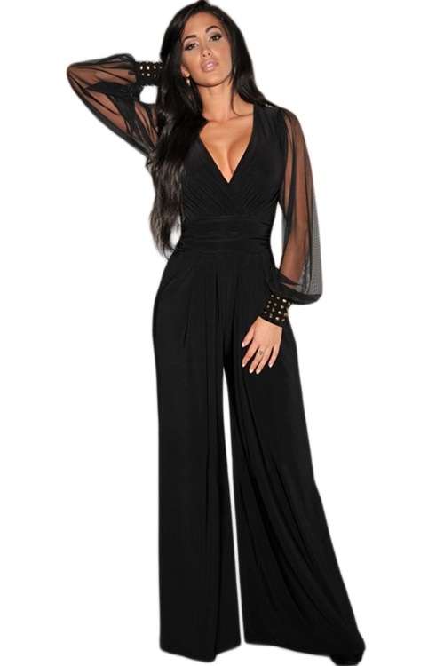 *WILD ROSE* Black Embellished Cuffs Long Mesh Sleeves Jumpsuit - S/M/L/2XL