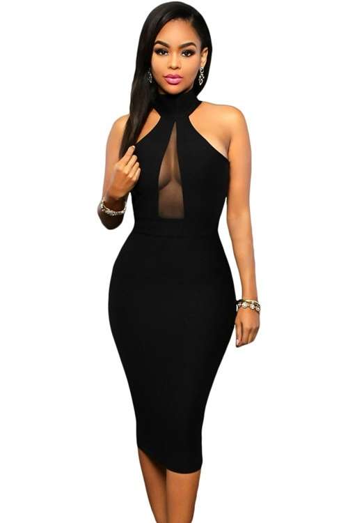 *DIVA RANGE* Black Halter Neck Sheer Peep Hole Dress