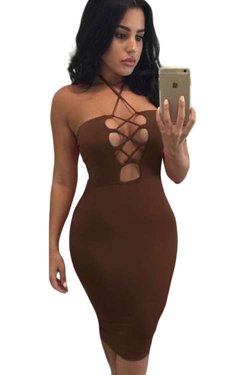 *DIVA RANGE* Little Bown - Halter Lace-up Bust Hollow-out Club Party Midi Dress