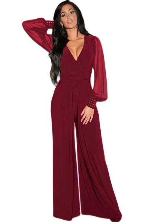 *DIVA RANGE* Wine Red Embellished Cuffs Long Mesh Sleeves Jumpsuit