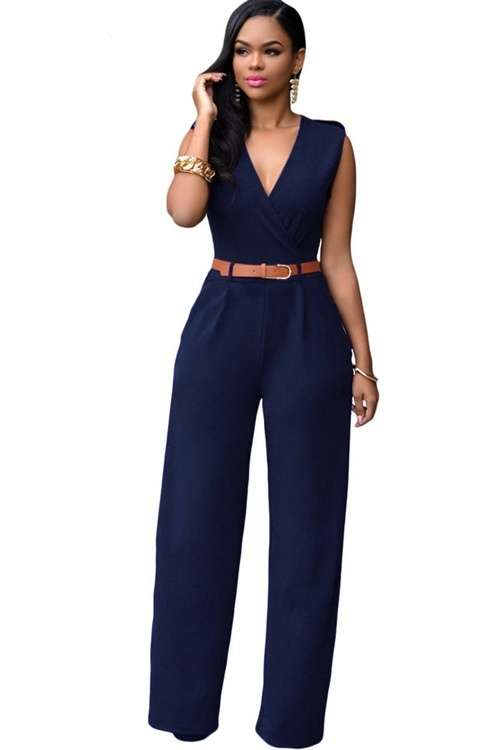 *DIVA RANGE* Navy Blue V Neck Belted Jumpsuit