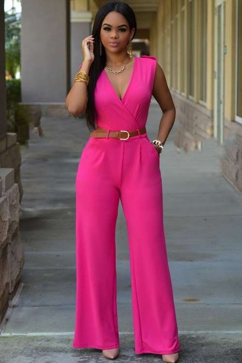 *DIVA RANGE* Pink V Neck Belted Jumpsuit