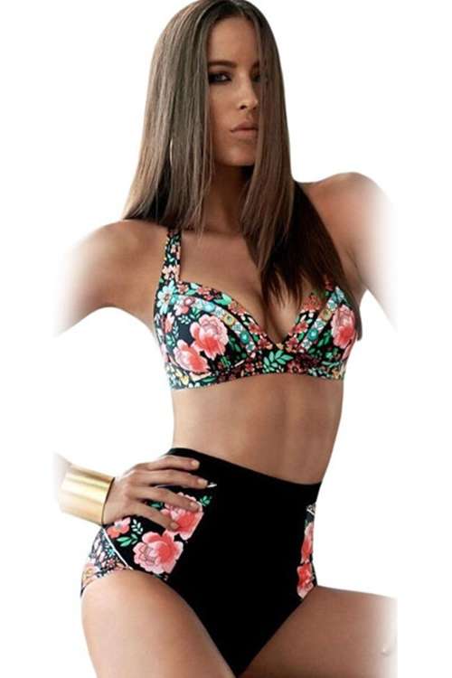 *DIVA RANGE* Vintage Floral Print Black High-Waisted Bikini