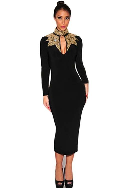 *DIVA RANGE* Black Gold Sequins Neck Detail Midi Dress