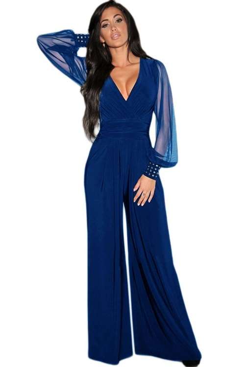 *WILD ROSE* *LOCAL STOCK* Blue Embellished Cuffs Long Mesh Sleeves Jumpsuit - 2XL