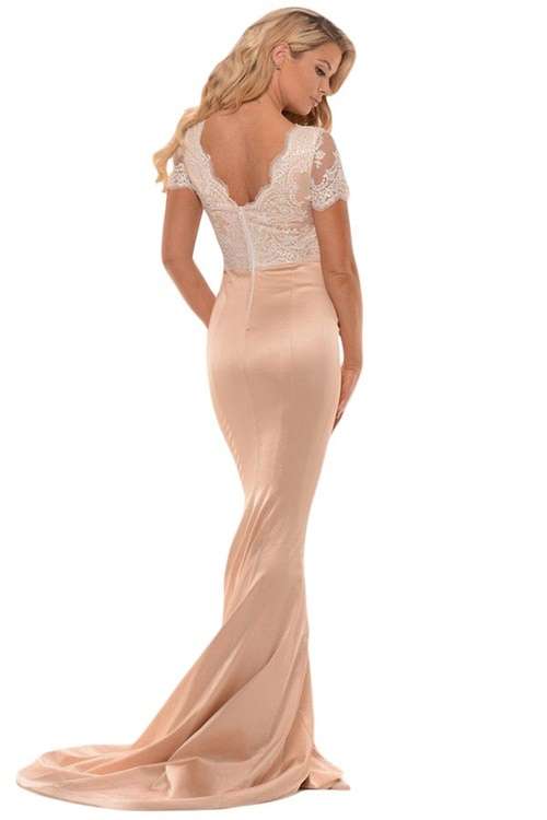 *DIVA RANGE* Eyelash Lace Embellished Champagne Satin Formal Gown
