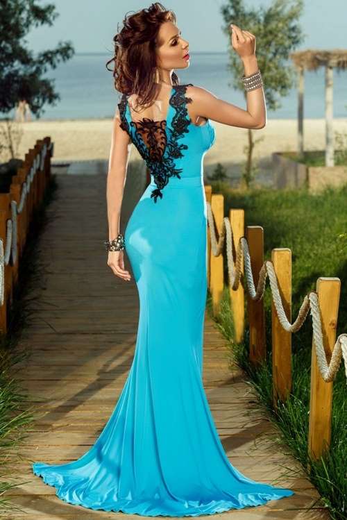 *DIVA RANGE* Blue Lace Applique Detail Split Front Party Gown