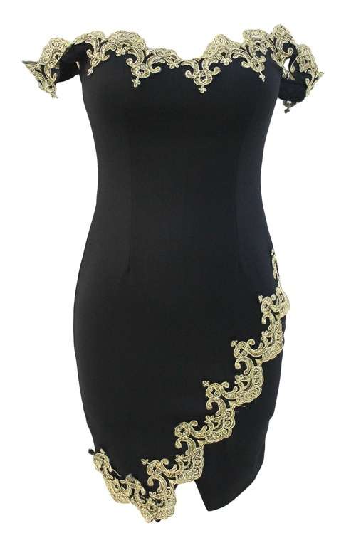 *DIVA RANGE* Gold Lace Applique Black Off Shoulder Mini Dress
