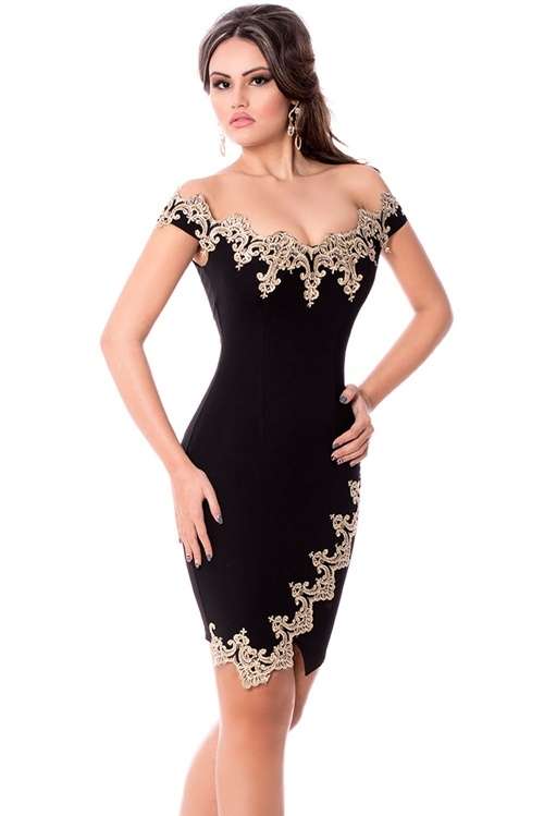 *DIVA RANGE* Gold Lace Applique Black Off Shoulder Mini Dress