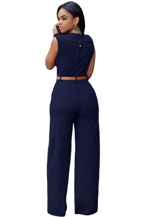 *DIVA RANGE* Navy Blue V Neck Belt Embellished Jumpsuit