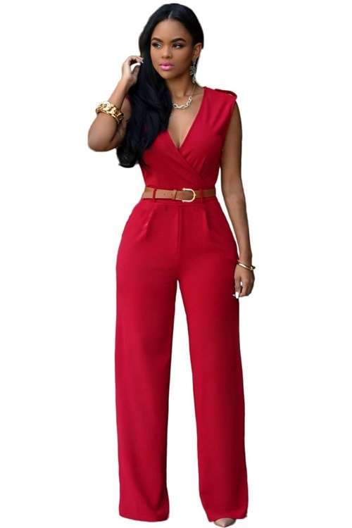 *DIVA RANGE* Red V Neck Belt Embellished Jumpsuit