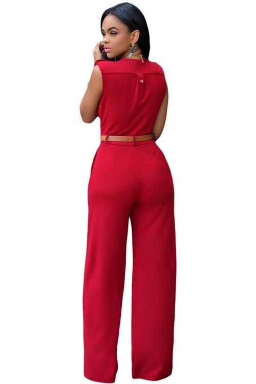 *DIVA RANGE* Red V Neck Belt Embellished Jumpsuit