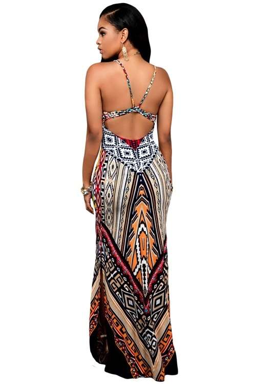 *DIVA RANGE* Spaghetti Strap White Multi-color Ethnic Print Backless Maxi Dress