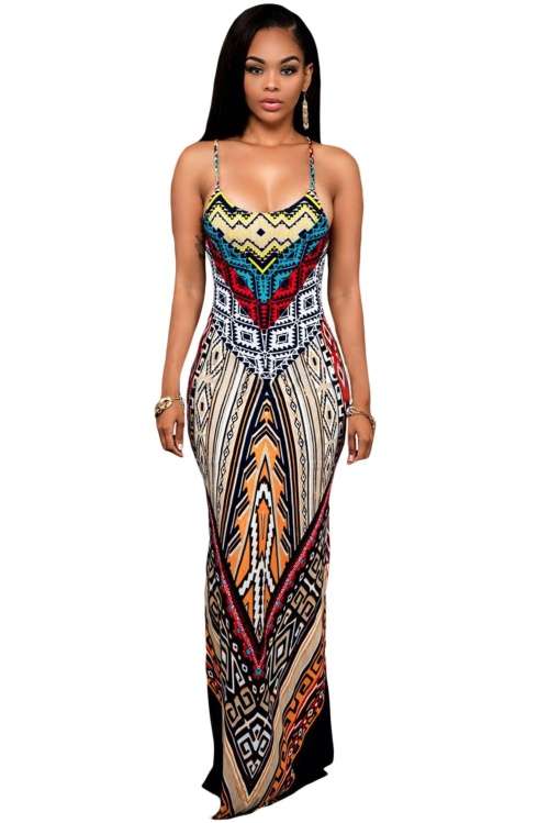 *DIVA RANGE* Spaghetti Strap White Multi-color Ethnic Print Backless Maxi Dress