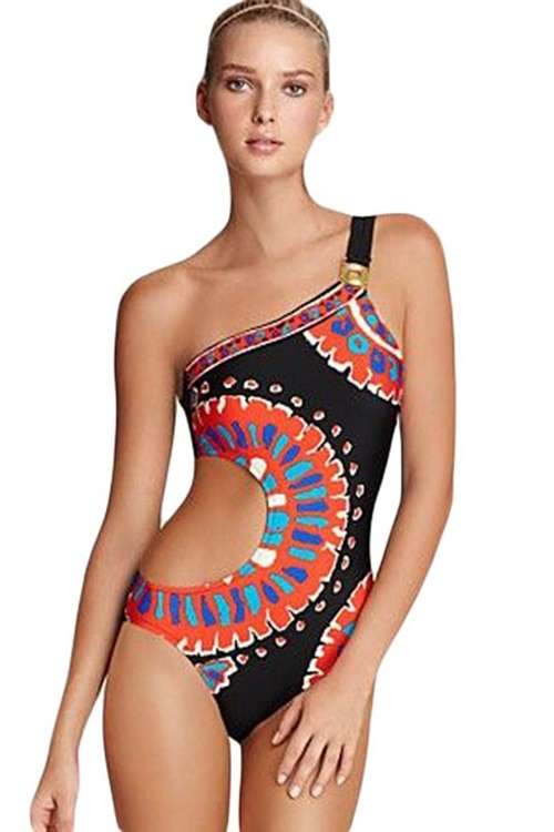 *DIVA RANGE* Black Tribal Print One Shoulder One Piece Swimwear
