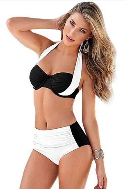*DIVA RANGE* White Black Stylish Bicolor High Waist Swimsuit