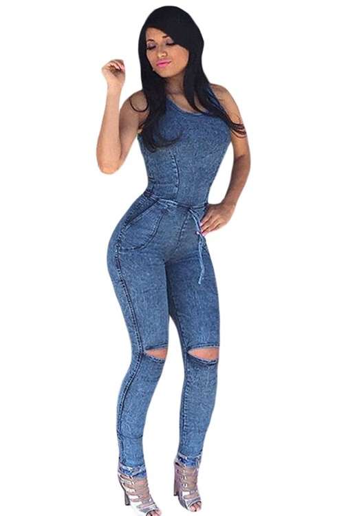 *DIVA RANGE* Denim Sexy Slim Bodycon Knee Slit Jeans Jumpsuit
