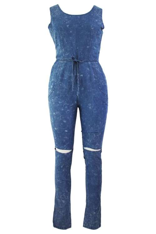 *DIVA RANGE* Denim Sexy Slim Bodycon Knee Slit Jeans Jumpsuit