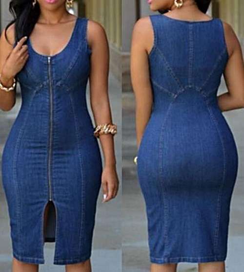 *DIVA RANGE* Denim Gold Zipper Front Midi Dress