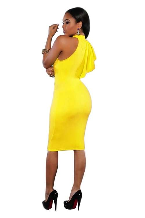 *DIVA RANGE* Yellow One Shoulder Ruffle Sleeve Midi Dress
