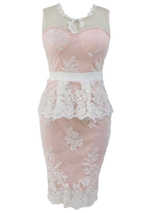 *DIVA RANGE* Floral Lace Crochet Nude Illusion Pink Peplum Dress
