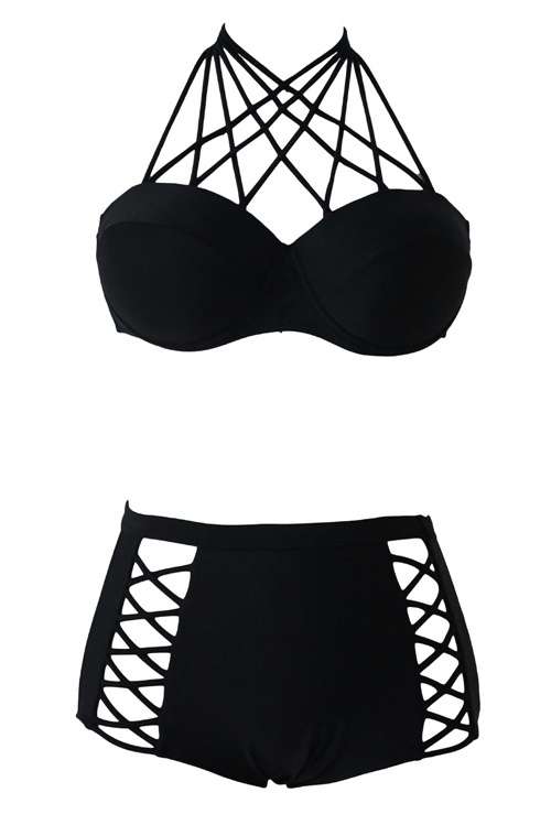 *DIVA RANGE* *LOCAL STOCK!* Black Strappy Push-up High Waist Bikini Swimsuit - S