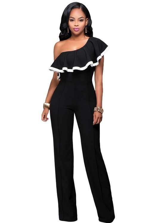 *DIVA RANGE* Black Flounce Trim One Shoulder Jumpsuit