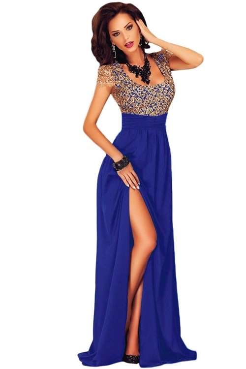 *DIVA RANGE* Amazing Blue & Gold Lace Overlay Slit Maxi Evening Gown