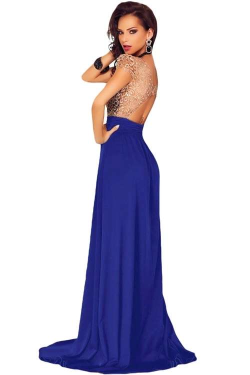 *DIVA RANGE* Amazing Blue & Gold Lace Overlay Slit Maxi Evening Gown