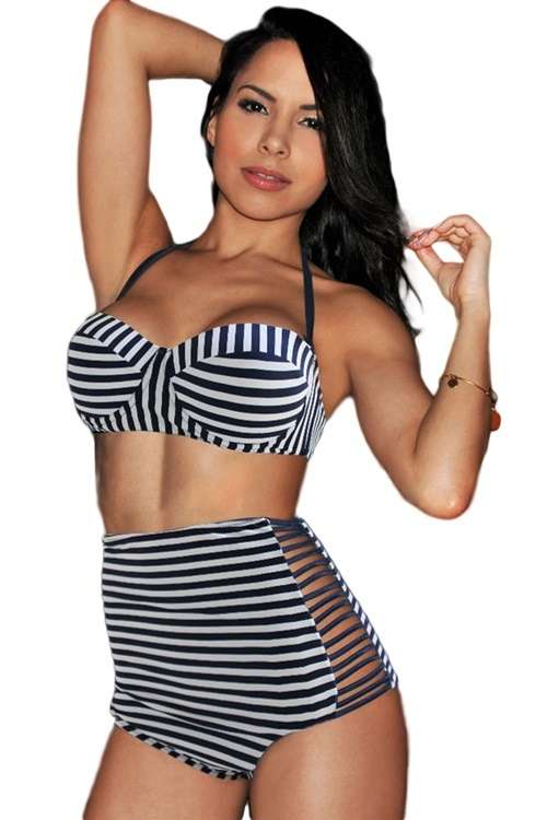 *DIVA RANGE* Navy Blue Stripes Summer High-waisted Slits Bikini