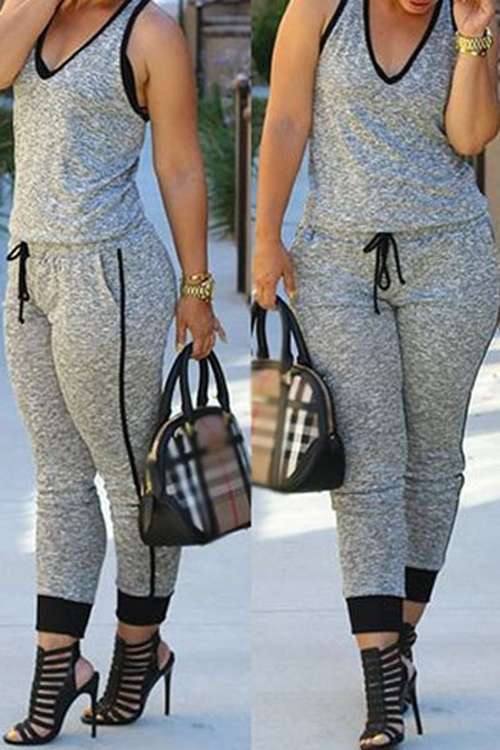 *WILD ROSE* Grey Drawstring Waist V Neck Sleeveless Jumpsuit - M/L/XL