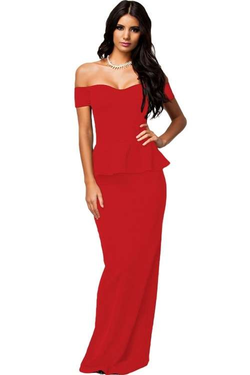 *WILD ROSE* Red Peplum Maxi Dress With Drop Shoulder - M/L/XL/XXL