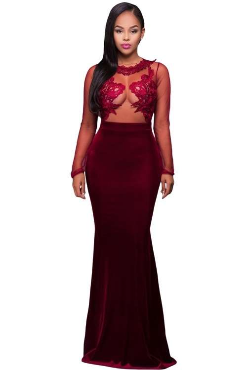 *DIVA RANGE* Burgundy Long Sleeve Lace Mesh Mermaid Party Dress