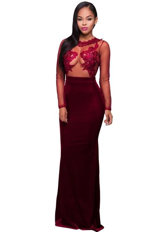 *DIVA RANGE* Burgundy Long Sleeve Lace Mesh Mermaid Party Dress