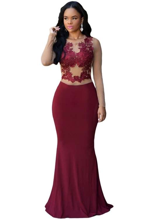 *DIVA RANGE* Maroon / Claret Nude Mesh Accent Maxi Dress