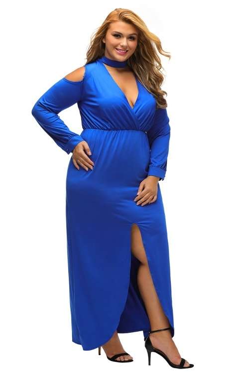 *DIVA RANGE* Blue Open Shoulder Choker Neck Curvy Maxi Dress