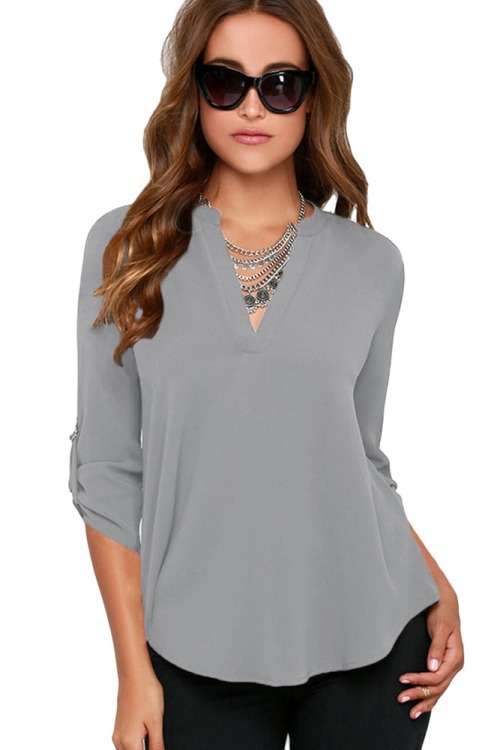 *WILD ROSE* Grey V Neck Loose Fitting Chiffon Blouse - S/XXL