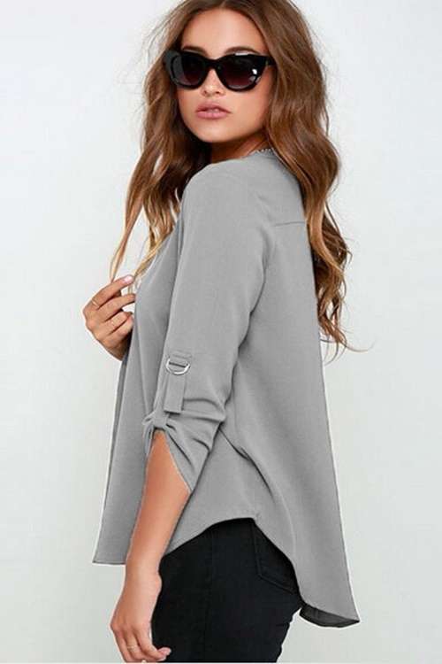 *WILD ROSE* Grey V Neck Loose Fitting Chiffon Blouse - S/XXL