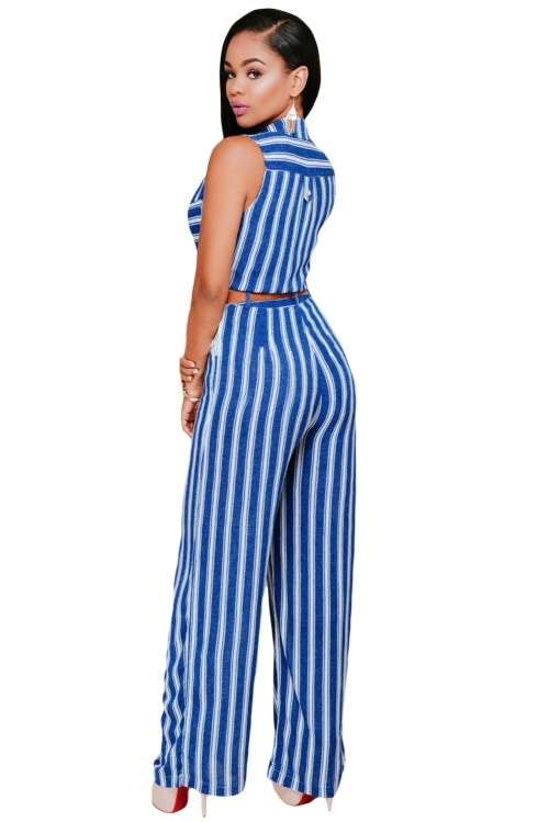 *DIVA RANGE* Blue Stripes Button Front Belted Jumpsuit